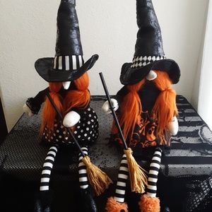 🎃 Set of 2 Witch Gnome w Broom Doll Halloween  NEW